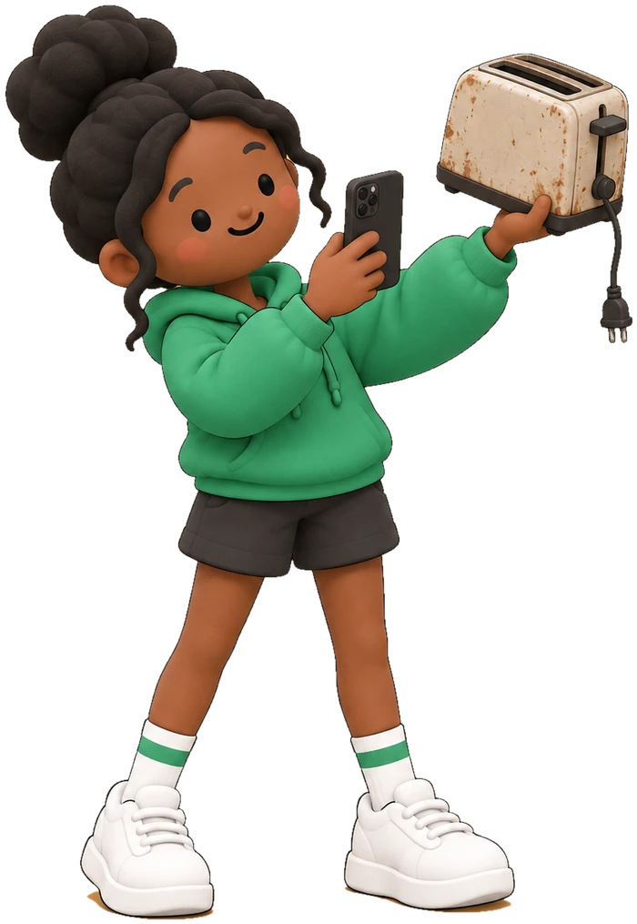 The girl in the green hoodie photographing a rusty toaster she is about to throw out